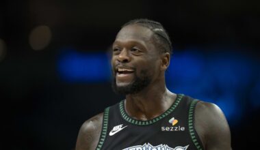 Oct 29, 2025; Minneapolis, Minnesota, USA; Minnesota Timberwolves forward Julius Randle (30) looks on against the Los Angeles Lakers in the first half at Target Center. Mandatory Credit: Jesse Johnson-Imagn Images