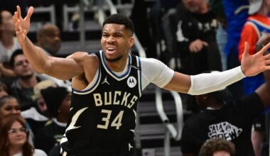 Apr 10, 2025; Milwaukee, Wisconsin, USA; Milwaukee Bucks forward Giannis Antetokounmpo (34) reacts in the second quarter against the New Orleans Pelicans at Fiserv Forum. Mandatory Credit: Benny Sieu-Imagn Images