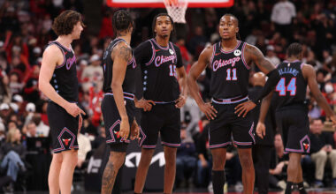 (l to r) Josh Giddey, Dalen Terry, Julian Phillips and Ayo Dosunmu look on during a game between the Brooklyn Nets and Chicago Bulls.
