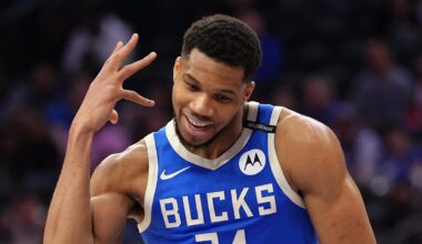 Apr 3, 2025; Philadelphia, Pennsylvania, USA; Milwaukee Bucks forward Giannis Antetokounmpo (34) reacts against the Philadelphia 76ers in the fourth quarter at Wells Fargo Center. Mandatory Credit: Kyle Ross-Imagn Images