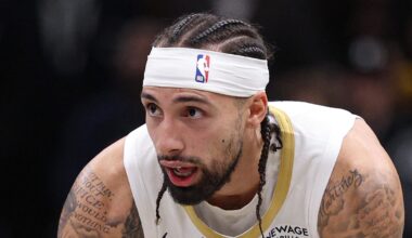 Dec 6, 2025; Brooklyn, New York, USA; New Orleans Pelicans guard Jose Alvarado (15) reacts after a play during the second half against the Brooklyn Nets at Barclays Center. Mandatory Credit: Vincent Carchietta-Imagn Images