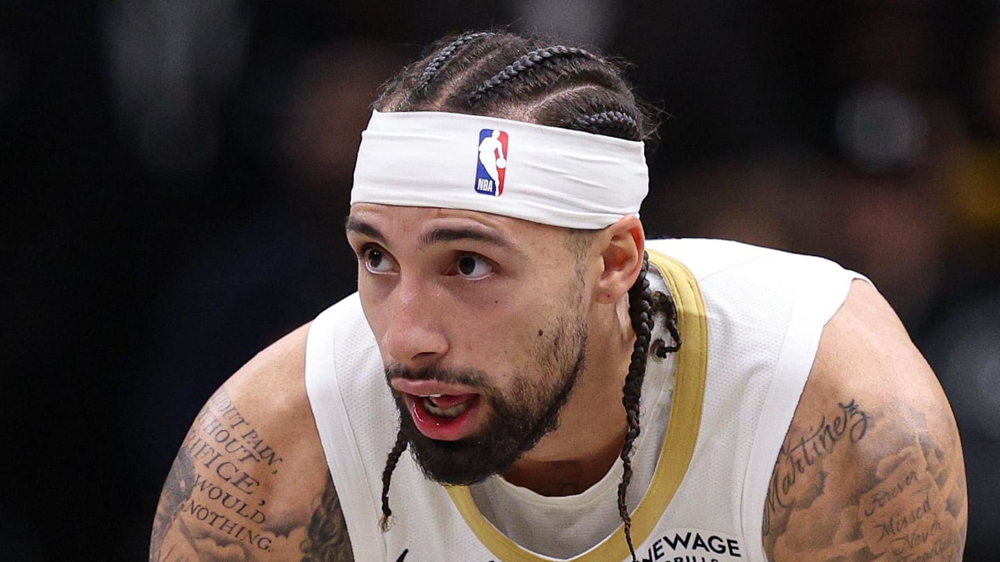 Dec 6, 2025; Brooklyn, New York, USA; New Orleans Pelicans guard Jose Alvarado (15) reacts after a play during the second half against the Brooklyn Nets at Barclays Center. Mandatory Credit: Vincent Carchietta-Imagn Images