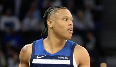 Feb 5, 2025; Minneapolis, Minnesota, USA; Minnesota Timberwolves guard Jaylen Clark (22) gets into position against the Chicago Bulls during the fourth quarter at Target Center. Mandatory Credit: Nick Wosika-Imagn Images