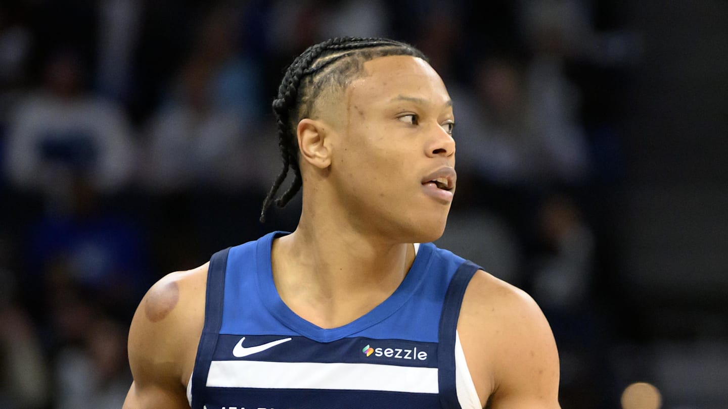 Feb 5, 2025; Minneapolis, Minnesota, USA; Minnesota Timberwolves guard Jaylen Clark (22) gets into position against the Chicago Bulls during the fourth quarter at Target Center. Mandatory Credit: Nick Wosika-Imagn Images