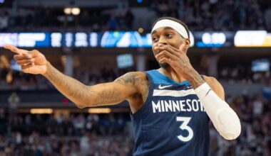 Apr 27, 2025; Minneapolis, Minnesota, USA; Minnesota Timberwolves forward Jaden McDaniels (3) celebrates a three pointer made against the Los Angeles Lakers in the third quarter during game four of first round for the 2025 NBA Playoffs at Target Center. Mandatory Credit: Matt Blewett-Imagn Images