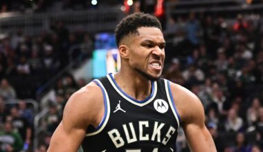 Nov 7, 2025; Milwaukee, Wisconsin, USA; Milwaukee Bucks forward Giannis Antetokounmpo (34) reacts after scoring a basket in the 3rd quarter against the Chicago Bulls at Fiserv Forum. Mandatory Credit: Benny Sieu-Imagn Images