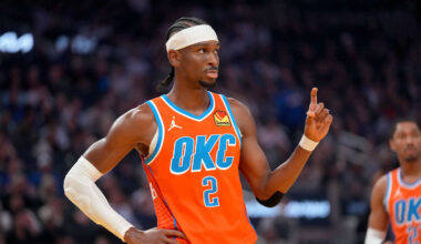 Oklahoma City Thunder guard Shai Gilgeous-Alexander looks towards the team bench during a break in the action against the Golden State Warriors in the first quarter at the Chase Center.