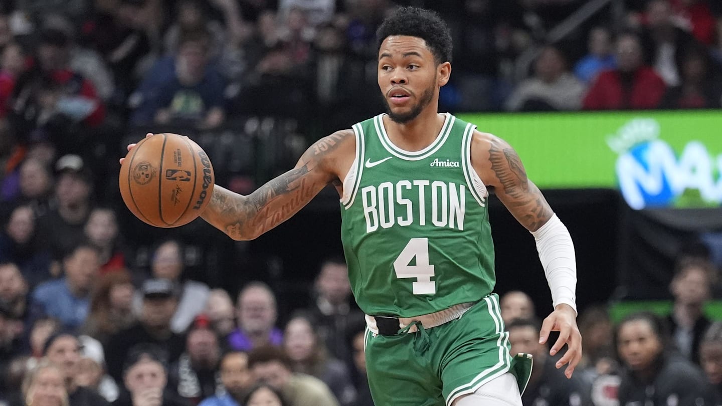 Dec 7, 2025; Toronto, Ontario, CAN; Boston Celtics guard Anfernee Simons (4) dribbles the ball against the Toronto Raptors during the first half at Scotiabank Arena.