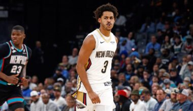 Oct 22, 2025; Memphis, Tennessee, USA; New Orleans Pelicans guard Jordan Poole (3) reacts during the second quarter against the Memphis Grizzlies at FedExForum. Mandatory Credit: Petre Thomas-Imagn Images