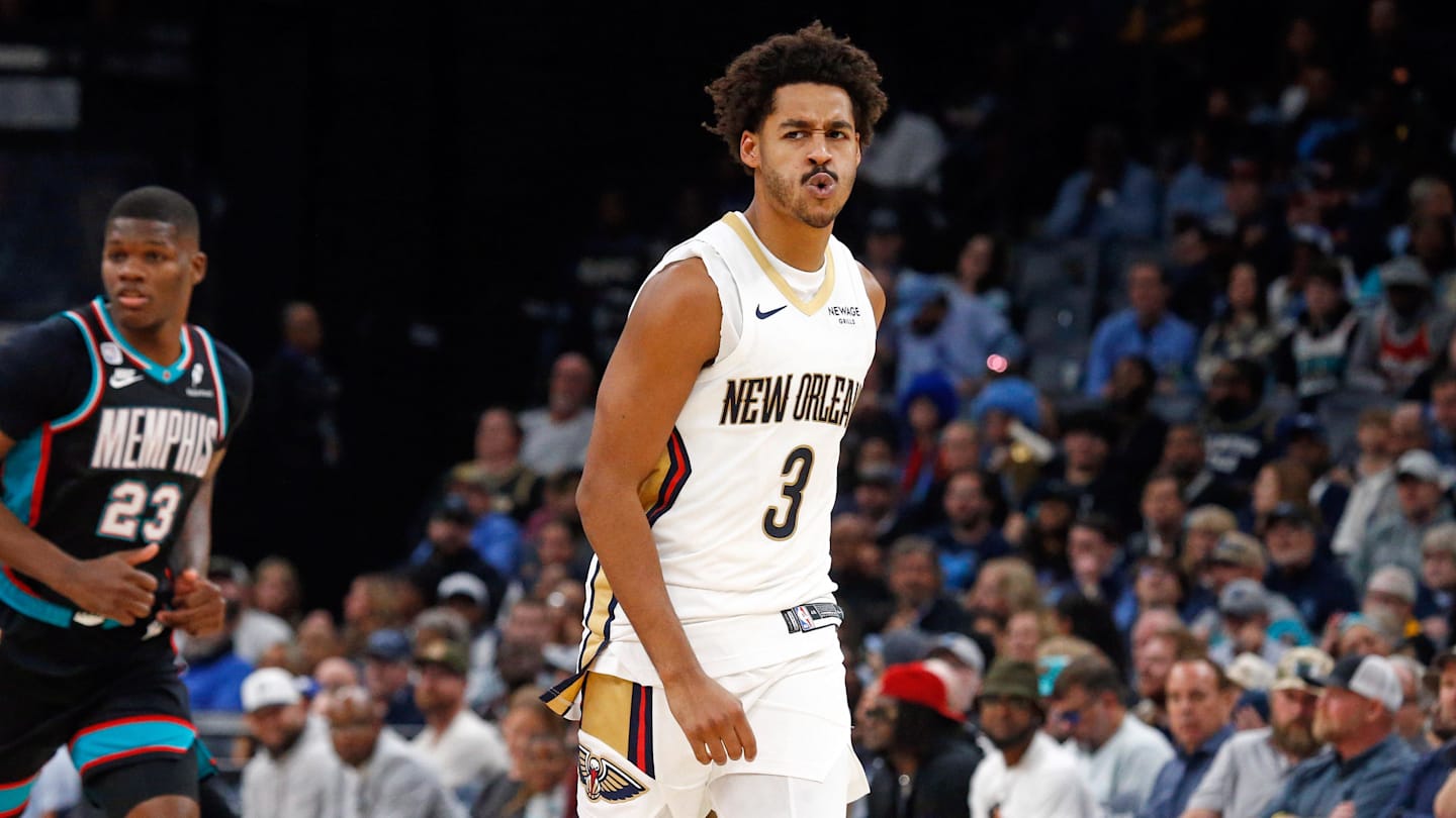 Oct 22, 2025; Memphis, Tennessee, USA; New Orleans Pelicans guard Jordan Poole (3) reacts during the second quarter against the Memphis Grizzlies at FedExForum. Mandatory Credit: Petre Thomas-Imagn Images