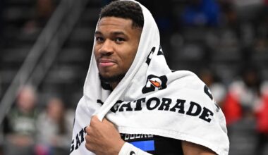 Dec 3, 2024; Detroit, Michigan, USA; Milwaukee Bucks forward Giannis Antetokounmpo (34) walks off the court after their win over the Detroit Pistons at Little Caesars Arena.