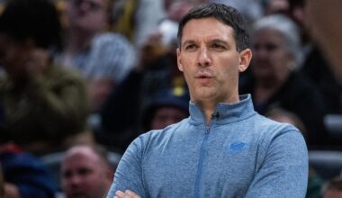 Oct 23, 2025; Indianapolis, Indiana, USA;  Oklahoma City Thunder head coach Mark Daigneault in the second half against the Indiana Pacers at Gainbridge Fieldhouse. Mandatory Credit: Trevor Ruszkowski-Imagn Images