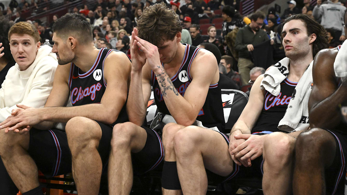 Dec 3, 2025; Chicago, Illinois, USA;  Chicago Bulls forward Matas Buzelis (14), center, and guard Josh Giddey (3) after the second half against the Brooklyn Nets at the United Center. Mandatory Credit: Matt Marton-Imagn Images