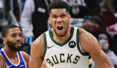 Oct 28, 2025; Milwaukee, Wisconsin, USA; Milwaukee Bucks forward Giannis Antetokounmpo (34) reacts after scoring a basket in the 3rd quarter against the New York Knicks at Fiserv Forum. Mandatory Credit: Benny Sieu-Imagn Images