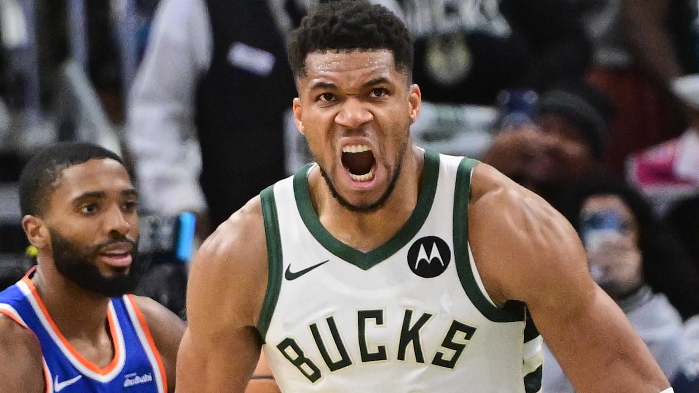 Oct 28, 2025; Milwaukee, Wisconsin, USA; Milwaukee Bucks forward Giannis Antetokounmpo (34) reacts after scoring a basket in the 3rd quarter against the New York Knicks at Fiserv Forum. Mandatory Credit: Benny Sieu-Imagn Images