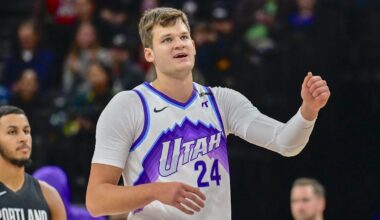Oct 16, 2025; Salt Lake City, Utah, USA; Utah Jazz center Walker Kessler (24) smiles after making a great play during the first half against the Portland Trail Blazers at Delta Center. Mandatory Credit: Peter Creveling-Imagn Images