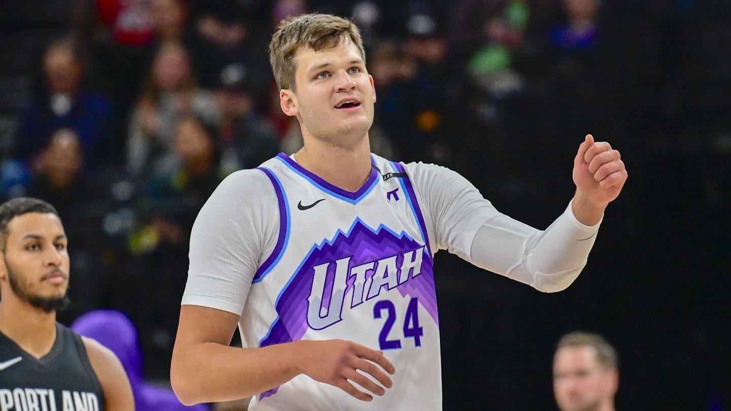 Oct 16, 2025; Salt Lake City, Utah, USA; Utah Jazz center Walker Kessler (24) smiles after making a great play during the first half against the Portland Trail Blazers at Delta Center. Mandatory Credit: Peter Creveling-Imagn Images