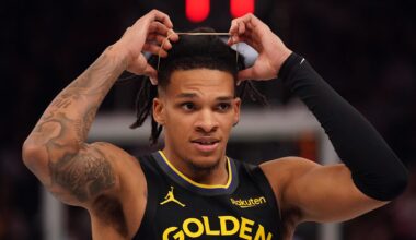 Nov 26, 2025; San Francisco, California, USA;  Golden State Warriors guard Will Richard (3) waits for play to resume against the Houston Rockets in the second quarter at Chase Center. Mandatory Credit: David Gonzales-Imagn Images