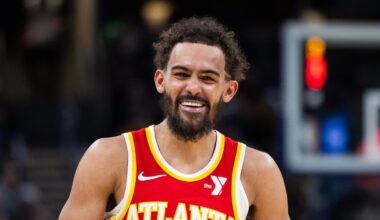 Atlanta Hawks guard Trae Young reacts  in the first half against the Indiana Pacers at Gainbridge Fieldhouse.