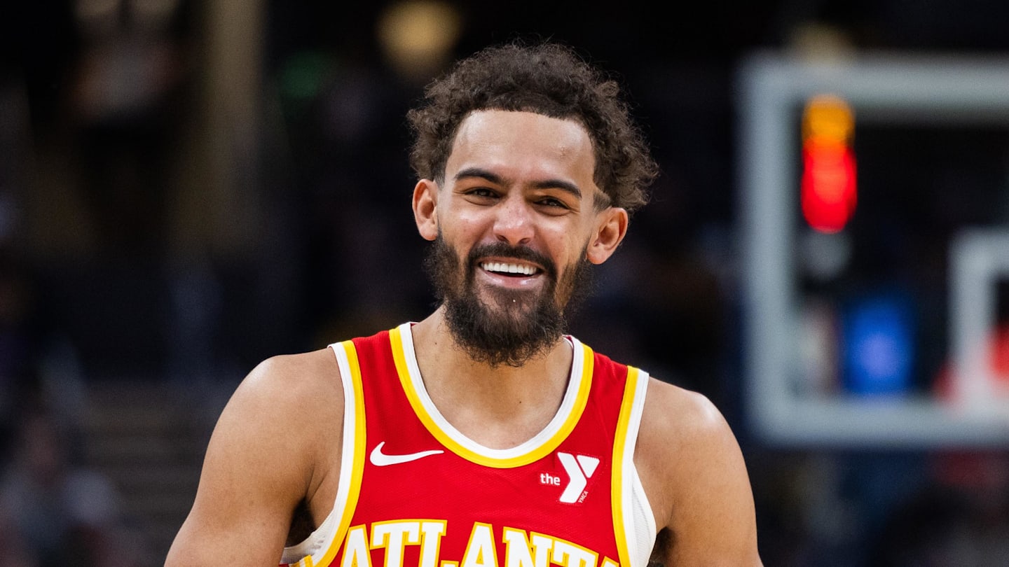 Atlanta Hawks guard Trae Young reacts  in the first half against the Indiana Pacers at Gainbridge Fieldhouse.
