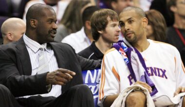 Phoenix Suns center Shaquille O'Neal talks to Grant Hill on the bench against the Dallas Mavericks during NBA action at US Airways Center in Phoenix, AZ. Mandatory Credit: Rob Schumacher/The Arizona Republic via USA TODAY NETWORK