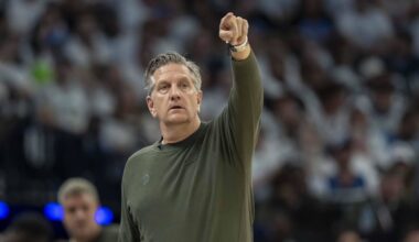 May 14, 2025; Minneapolis, Minnesota, USA; Minnesota Timberwolves head coach Chris Finch looks on against the Golden State Warriors in the first half during game five of the second round for the 2025 NBA Playoffs at Target Center. Mandatory Credit: Jesse Johnson-Imagn Images