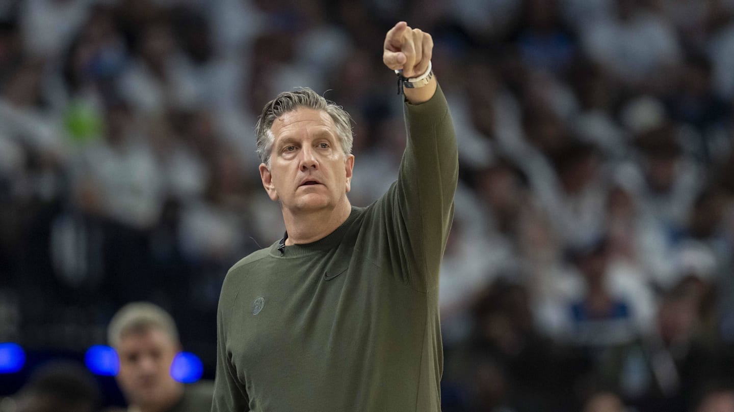 May 14, 2025; Minneapolis, Minnesota, USA; Minnesota Timberwolves head coach Chris Finch looks on against the Golden State Warriors in the first half during game five of the second round for the 2025 NBA Playoffs at Target Center. Mandatory Credit: Jesse Johnson-Imagn Images