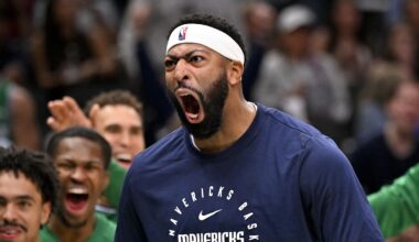 Oct 26, 2025; Dallas, Texas, USA; Dallas Mavericks forward Anthony Davis (3) celebrates during the game between the Mavericks and the Raptors at the American Airlines Center. Mandatory Credit: Jerome Miron-Imagn Images