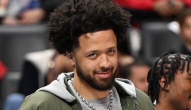 Mar 23, 2025; Detroit, Michigan, USA;  Detroit Pistons players Tim Hardaway Jr. (left), Cade Cunningham (center) and Jaden Ivey (right) : Lon Horwedel-Imagn Images