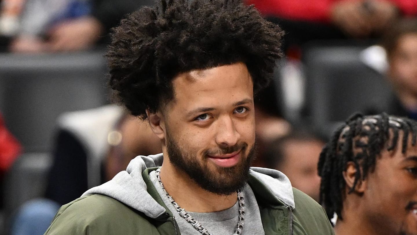 Mar 23, 2025; Detroit, Michigan, USA;  Detroit Pistons players Tim Hardaway Jr. (left), Cade Cunningham (center) and Jaden Ivey (right) : Lon Horwedel-Imagn Images