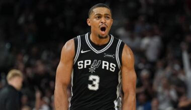 Nov 18, 2025; San Antonio, Texas, USA;  San Antonio Spurs forward Keldon Johnson (3) celebrates in the second half against the Memphis Grizzlies at Frost Bank Center. Mandatory Credit: Daniel Dunn-Imagn Images