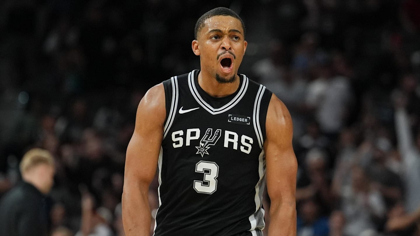 Nov 18, 2025; San Antonio, Texas, USA;  San Antonio Spurs forward Keldon Johnson (3) celebrates in the second half against the Memphis Grizzlies at Frost Bank Center. Mandatory Credit: Daniel Dunn-Imagn Images