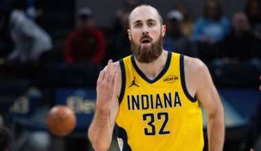 Indiana Pacers center Jay Huff (32) celebrates a made basket in the first half against the Cleveland Cavaliers at Gainbridge Fieldhouse.