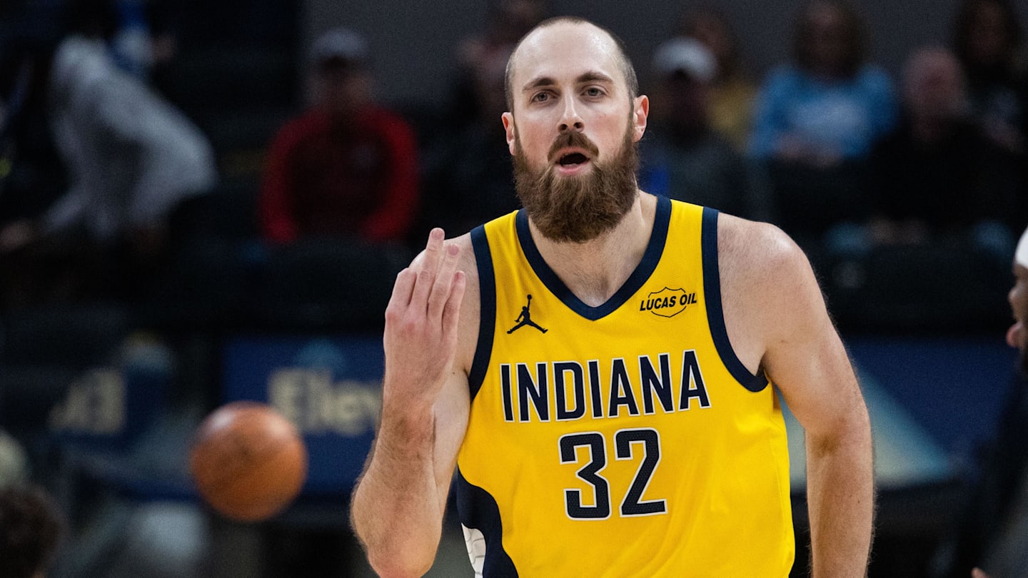Indiana Pacers center Jay Huff (32) celebrates a made basket in the first half against the Cleveland Cavaliers at Gainbridge Fieldhouse.