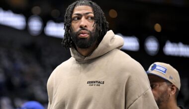 Mar 21, 2025; Dallas, Texas, USA; Dallas Mavericks forward Anthony Davis (3) watches team warm-ups before the game between the Dallas Mavericks and the Detroit Pistons at the American Airlines Center.