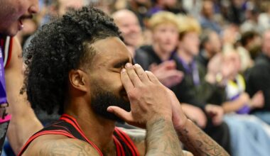 Nov 16, 2025; Salt Lake City, Utah, USA; Chicago Bulls guard Coby White (0) reacts to a potential game winning shot during overtime against the Utah Jazz at Delta Center. Mandatory Credit: Peter Creveling-Imagn Images