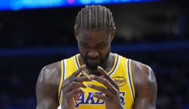 Oct 24, 2025; Los Angeles, California, USA; Los Angeles Lakers center Deandre Ayton (5) reacts in the first half against the Minnesota Timberwolves at Crypto.com Arena. Mandatory Credit: Kirby Lee-Imagn Images