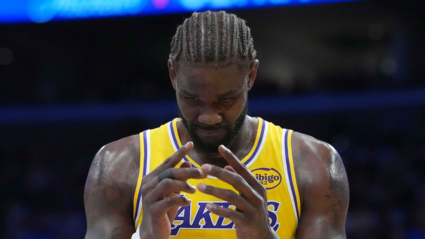 Oct 24, 2025; Los Angeles, California, USA; Los Angeles Lakers center Deandre Ayton (5) reacts in the first half against the Minnesota Timberwolves at Crypto.com Arena. Mandatory Credit: Kirby Lee-Imagn Images