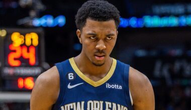 Apr 5, 2023; New Orleans, Louisiana, USA;  New Orleans Pelicans guard Trey Murphy III (25) reacts to making a three point basket against the Memphis Grizzlies during the second half at Smoothie King Center. Mandatory Credit: Stephen Lew-Imagn Images