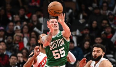 Oct 10, 2025; Toronto, Ontario, CAN;   Boston Celtics forward Baylor Scheierman (55) passes the ball against the Toronto Raptors in the second half at Scotiabank Arena.