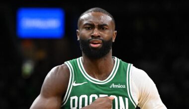 Dec 2, 2025; Boston, Massachusetts, USA; Boston Celtics guard Jaylen Brown (7) reacts after scoring against the New York Knicks during the second half at the TD Garden. Mandatory Credit: Brian Fluharty-Imagn Images