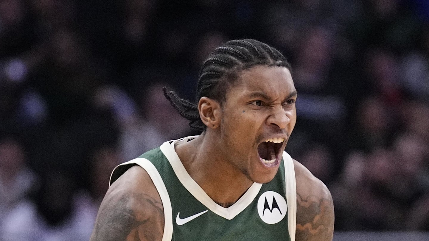 Milwaukee Bucks guard Kevin Porter Jr. celebrates a made three point shot in the second half against the Detroit Pistons at Fiserv Forum on December 3.
