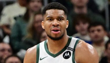Milwaukee Bucks forward Giannis Antetokounmpo reacts in the third quarter against the Los Angeles Lakers at Fiserv Forum on March 13.