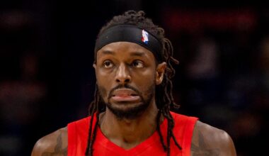 Dec 11, 2025; New Orleans, Louisiana, USA;  Portland Trail Blazers forward Jerami Grant (9) reacts to a play against the New Orleans Pelicans during the first half at Smoothie King Center. Mandatory Credit: Stephen Lew-Imagn Images