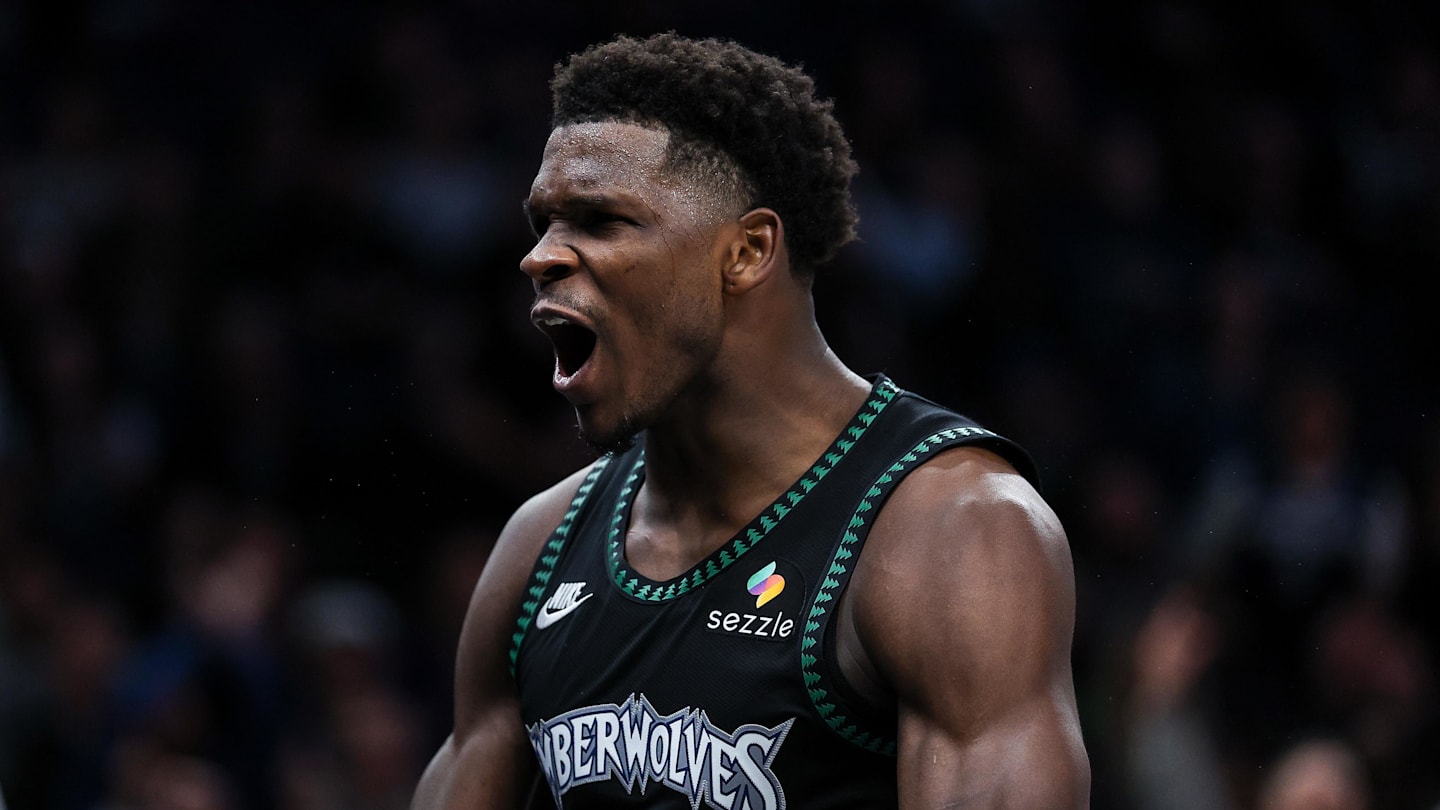 Nov 30, 2025; Minneapolis, Minnesota, USA; Minnesota Timberwolves guard Anthony Edwards (5) celebrates his basket against the San Antonio Spurs during the second half at Target Center. Mandatory Credit: Matt Krohn-Imagn Images