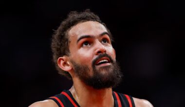 Trae Young looks up during a match against the Houston Rockets