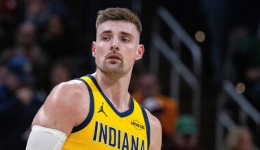 Dec 26, 2025; Indianapolis, Indiana, USA; Indiana Pacers center Micah Potter (11)  in the second half against the Boston Celtics at Gainbridge Fieldhouse. Mandatory Credit: Trevor Ruszkowski-Imagn Images