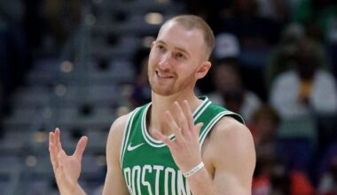 Oct 27, 2025; New Orleans, Louisiana, USA; Boston Celtics forward Sam Hauser (30) reacts after making a three point basket against the New Orleans Pelicans during the second half at Smoothie King Center. Mandatory Credit: Matthew Hinton-Imagn Images