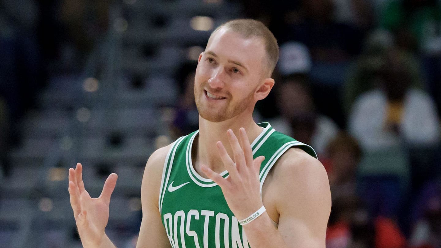 Oct 27, 2025; New Orleans, Louisiana, USA; Boston Celtics forward Sam Hauser (30) reacts after making a three point basket against the New Orleans Pelicans during the second half at Smoothie King Center. Mandatory Credit: Matthew Hinton-Imagn Images