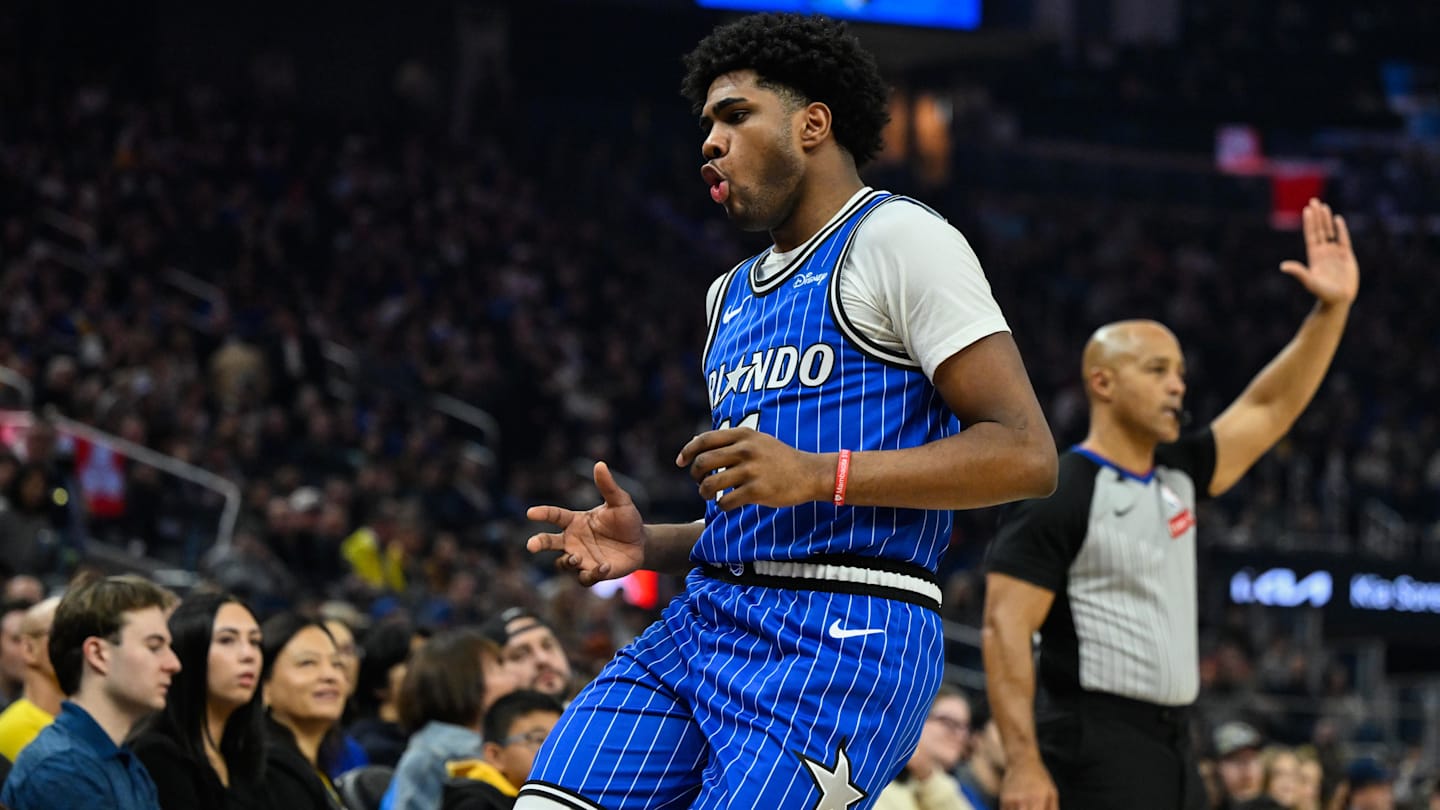 Dec 22, 2025; San Francisco, California, USA;  Orlando Magic guard Jase Richardson (11) celebrates a three point basket against the Golden State Warriors in the first quarter at Chase Center. Mandatory Credit: Eakin Howard-Imagn Images